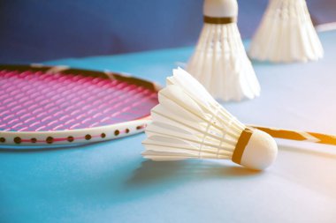 Badminton beyaz kremalı mekik mavi zemin badminton kortunda, Mekik siki üzerinde seçici sikiş.
