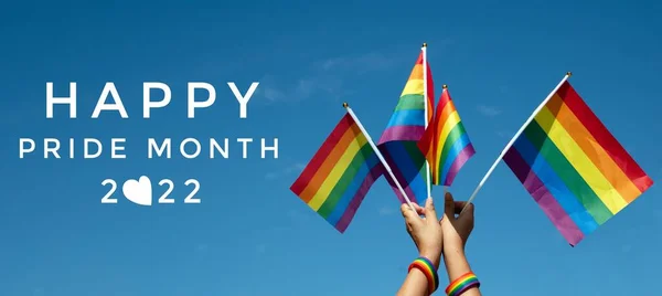 Happy Pride Month 2022 Фоні Блакитних Веселкових Прапорів Концепція Святкування — стокове фото