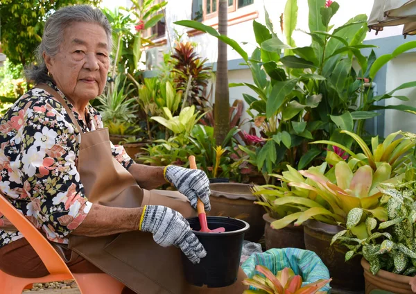 Een Oude Aziatische Vrouw Een Bloemenjurk Trekt Handschoenen Aan Draagt — Stockfoto
