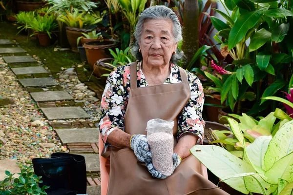 Portret Van Aziatische Oudere Vrouw Die Zit Stoel Het Houden — Stockfoto