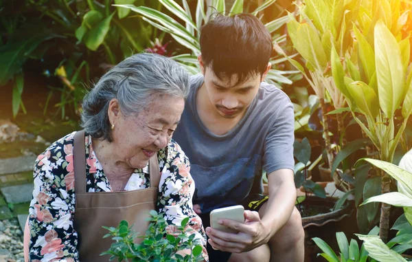 亚洲老年妇女与孙子坐在自家花盆前的椅子上 学习和观察如何在手机上种植 如何用信息技术轻松 有选择地关注和幸福的家庭 — 图库照片
