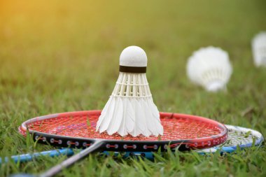 Badminton raketleri ve badminton mekik horozları açık havada oyun oynamak için çimenlerin üzerinde ya da günlük hayatta boş zaman aktiviteleri.