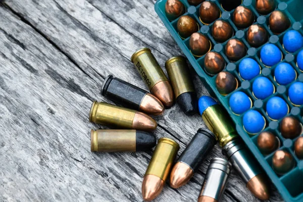 9Mm Ammunitions Bullets Practice Shooting Gray Wooden Background Soft Selective —  Fotos de Stock