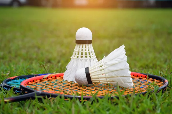 Badminton rakcets and badminton shuttlecocks on grass lawn for outdoor playing afterwork or free times activities in daily life.