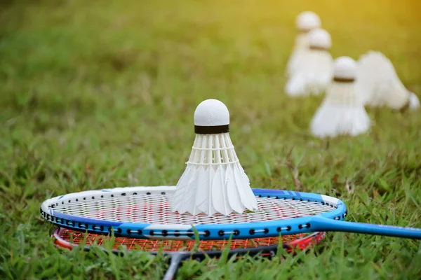 Badminton rakcets and badminton shuttlecocks on grass lawn for outdoor playing afterwork or free times activities in daily life.