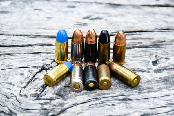 9Mm Ammunitions Bullets Practice Shooting Gray Wooden Background Soft Selective — Photo