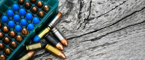 9Mm Ammunitions Bullets Practice Shooting Gray Wooden Background Some Them —  Fotos de Stock