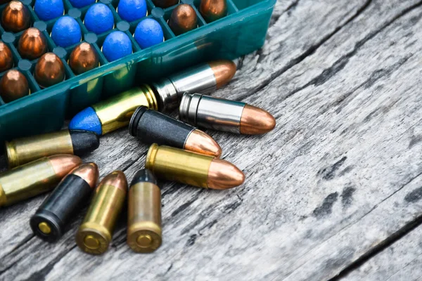 9Mm Ammunitions Bullets Practice Shooting Gray Wooden Background Some Them —  Fotos de Stock
