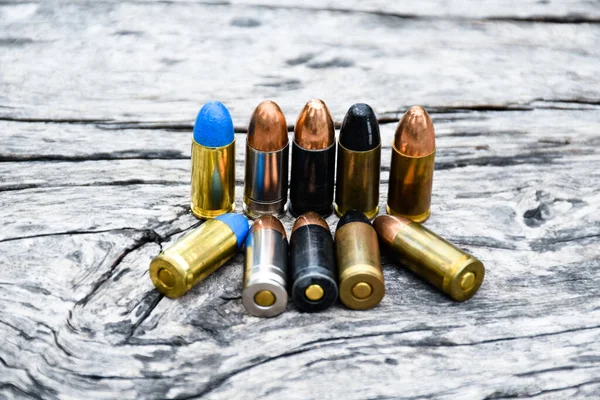 9Mm Ammunitions Bullets Practice Shooting Gray Wooden Background Soft Selective — Photo