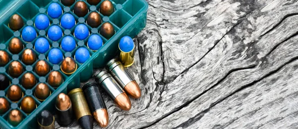9Mm Ammunitions Bullets Practice Shooting Gray Wooden Background Soft Selective —  Fotos de Stock