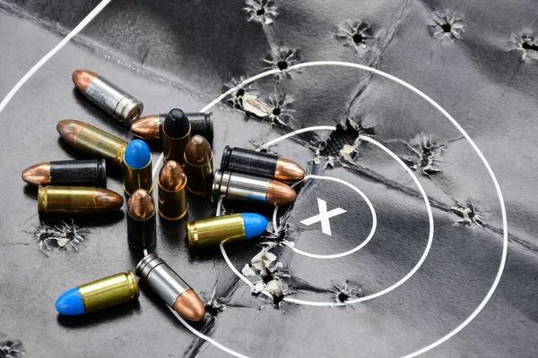 9Mm Pistol Bullets Black Target Shooting Paper Soft Selective Focus — Stock Photo, Image