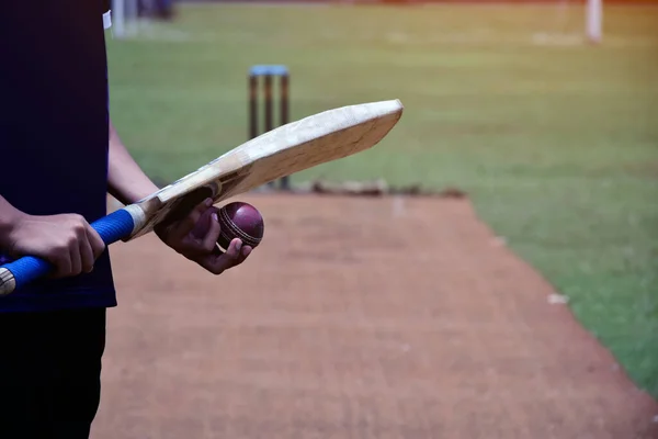 Cricketer holds old red leather cricket ball and wooden cricket bat in hands on pitch, soft and selective focus, blurred cricket field background.