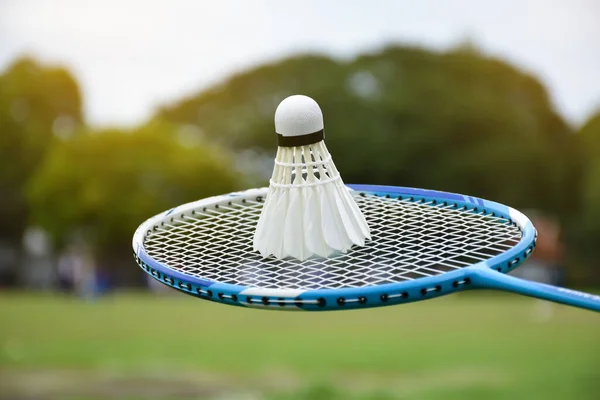 White Cream Badminton Shuttlecock Blue Badminton Racket Outdoor Blurred Trees — Stockfoto