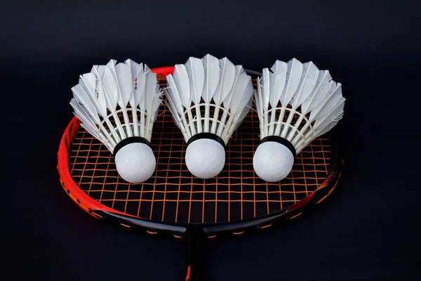 White cream badminton shuttlecocks, badminton rackets on dark floor of indoor badminton court, soft and selective focus on shuttlecock, concept for badminton sport lovers around the world