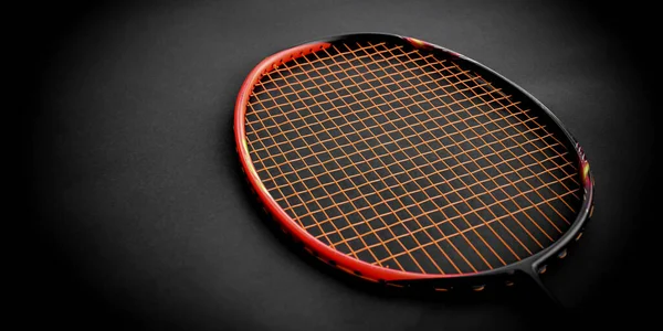 Closeup Badminton Racket Dark Floor Indoor Badminton Court Soft Selective — ストック写真