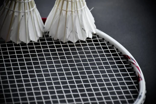 White cream badminton shuttlecocks, badminton rackets on dark floor of indoor badminton court, soft and selective focus on shuttlecock, concept for badminton sport lovers around the world