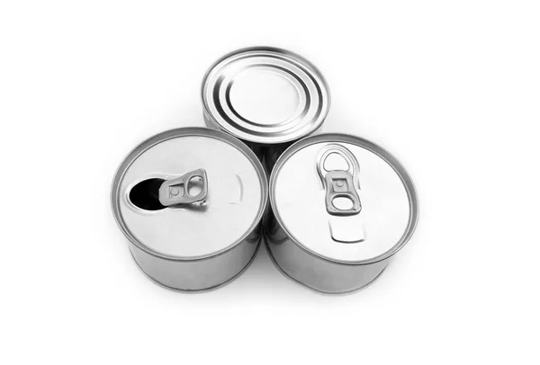 Steel Tin Cans White Background Soft Selective Focus — Stock Photo, Image