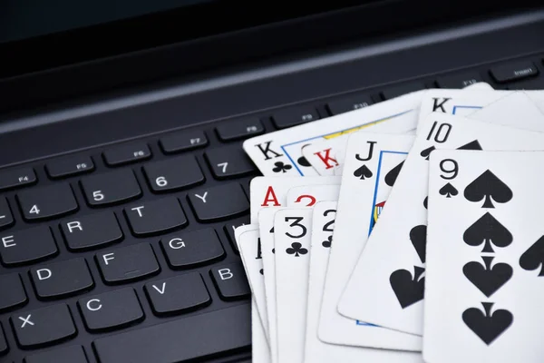 Poker Paper Cards Blank Laptop Keyboard Soft Selective Focus Concept — Stockfoto