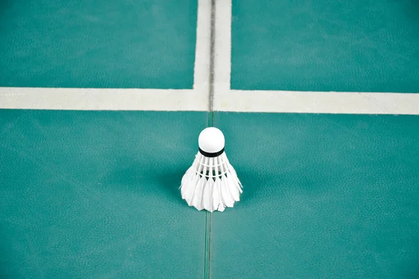 Cream white badminton shuttlecock on green floor in indoor badminton court, blurred badminton background, copy space