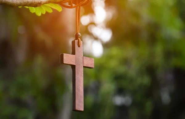 Деревянный Крест Висящий Ветке Дерева Мягкий Избирательный Фокус Естественный Фон — стоковое фото