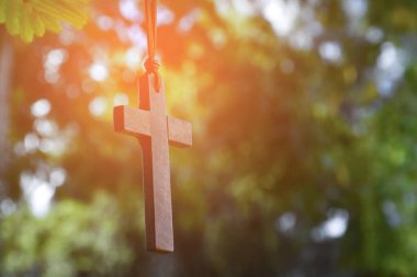 Ağaç dalında asılı ahşap haç, yumuşak ve seçici odak, doğal bokeh ağacı arka planı, umut, sevgi, bağışlama ve dünya çapında İsa 'ya inanç kavramı..