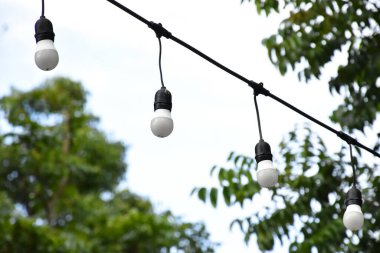 Evin dışarısını süslemek için ağaç dallarında asılı duran yuvarlak ampuller ve partiyi hazırlamak için gecenin karanlığında yumuşak ve seçici bir odak noktası..