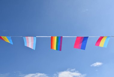 Lgbtq + bayraklar, güneşli bir günde bluesky 'ye karşı kabloyla asıldı, yumuşak ve seçici odaklanma, LGBTQ + cinsiyet kutlamaları için dünya çapında gurur ayında konsept.