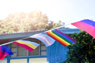 Lgbtq + bayrakları Asyalı evin önüne asıldı, süsleme, cinsiyet çeşitliliğine saygı ve gurur ayında lgbtq + toplumunun kutlanması için, yumuşak ve seçici odaklanma.