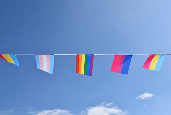 Lgbtq + bayraklar, güneşli bir günde bluesky 'ye karşı kabloyla asıldı, yumuşak ve seçici odaklanma, LGBTQ + cinsiyet kutlamaları için dünya çapında gurur ayında konsept.