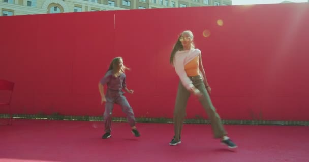 Zwei unbeschwerte, stylische Mädchen tanzen synchron. Schwestern führen energiegeladenen Straßentanz bei Sonnenschein auf — Stockvideo