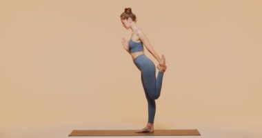 Atletik beyaz kadın kas esneme hareketleri için yoga yapıyor, ısınıyor. Sağlıklı bir kadın pilates yapıyor. 