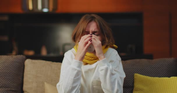 Unhealthy woman drinking medicine tea or taking medications having cold or flu. Sick leave, seasonal grippe or influenza — Video