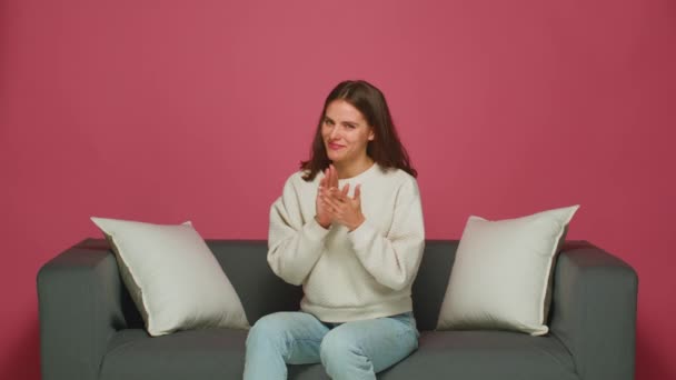 Happy Young Beautiful Woman Applauds Show Claps Her Hands Supports — Stock Video