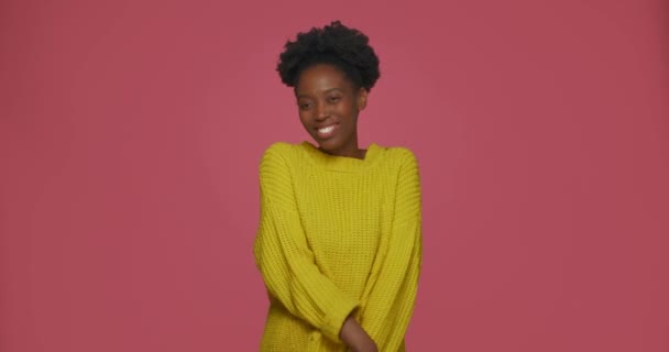 Smiling Cute Shy Young African American Girl Wearing Cozy Sweater — Stock Video