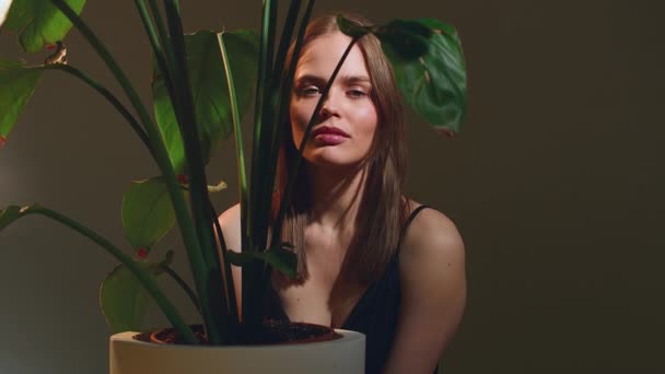 Beautiful young girl with green tropical room plant. Natural woman beauty, eco friendly skincare cosmetics ad. Prores — Stock Video