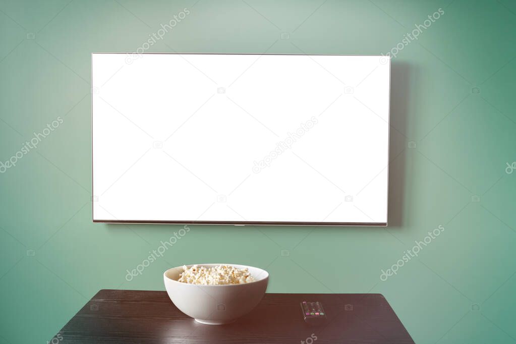 TV white screen with popcorn mockup. Online cinema