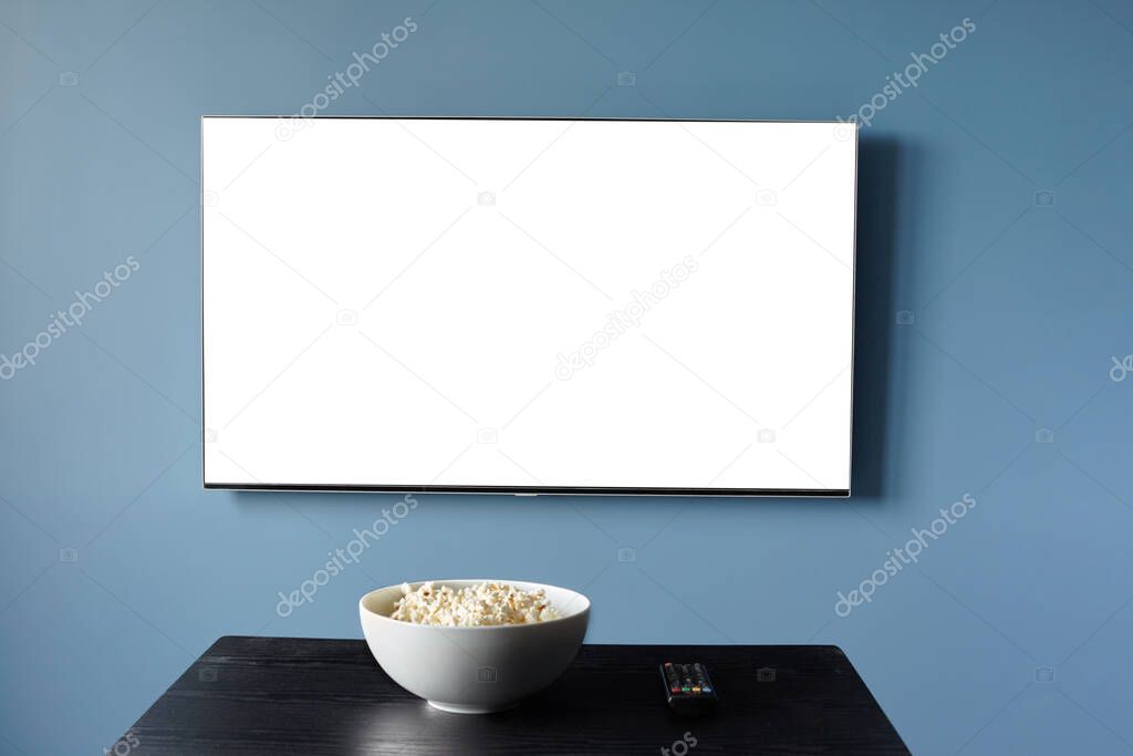 TV white screen with popcorn mockup. Online cinema