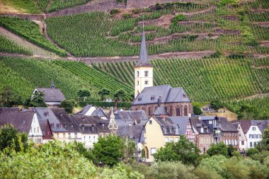 Close-up of the town centre of Bremm with its vineyards in the background. Germany