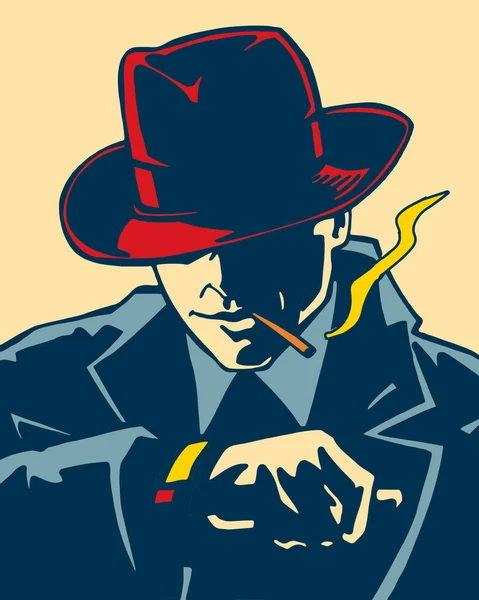 ポップアート 帽子をかぶっている男は時間を見て喫煙し 顔は影に隠されている — ストックベクタ