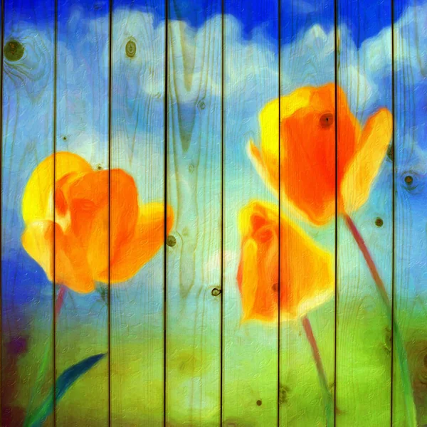 Street Art Yellow Tulips Painted Wooden Fence — Stock Photo, Image