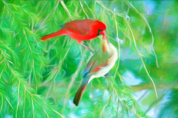 Impressionismo Cardinalis Cardinalis Coppia Uccelli Cardinali Northem Che Baciano Piumaggio — Foto Stock