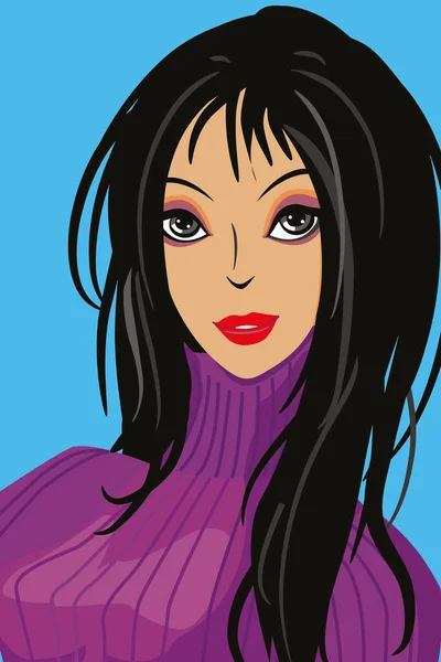 Vector Retrato Sobre Fondo Azul Una Mujer Morena Pelo Largo — Vector de stock