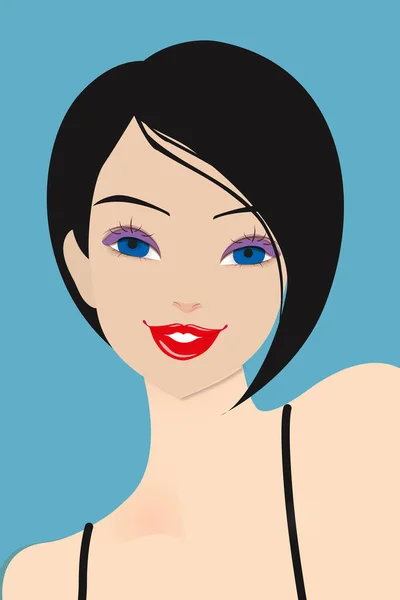 Βέκτορ Πορτρέτο Μπλε Φόντο Μιας Χαμογελαστής Μελαχρινής Γυναίκας Κοντά Μαλλιά — Διανυσματικό Αρχείο