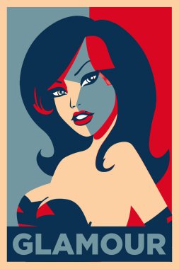 Pop sanat, vektör. Geniş göğüsleri olan dört renkli göz alıcı bir kadın portresi..