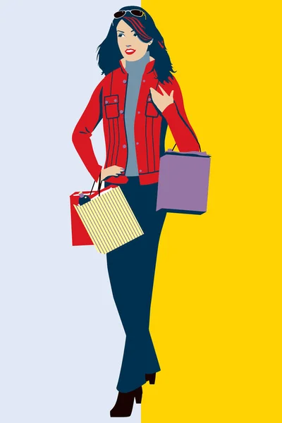 Vecteur Pop Art Femme Avec Des Sacs Provisions Debout Dans — Image vectorielle