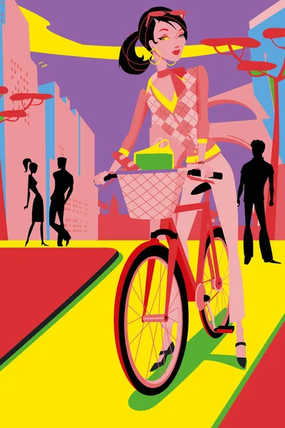 Pop Art Vélo Urbain Femme Vélo Ville — Image vectorielle