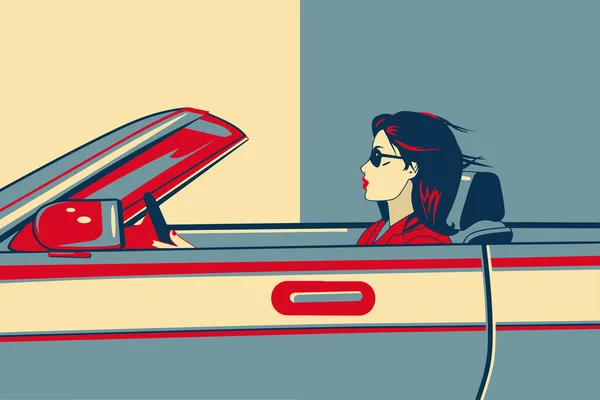 ポップアート サングラスをかけ 風に吹かれて髪でコンバーチブル車を運転する美しい女性の肖像画 — ストックベクタ
