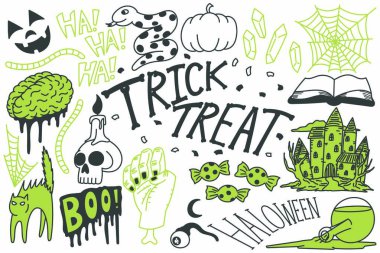 Cadılar Bayramı karalamaları, şaka mı şeker mi çizimleri, el çizimi, illüstrasyon, baskı, sanat