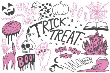 Cadılar Bayramı karalamaları, şaka mı şeker mi çizimleri, el çizimi, illüstrasyon, baskı, sanat