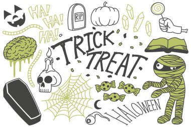 Cadılar Bayramı karalamaları, şaka mı şeker mi çizimleri, el çizimi, illüstrasyon, baskı, sanat